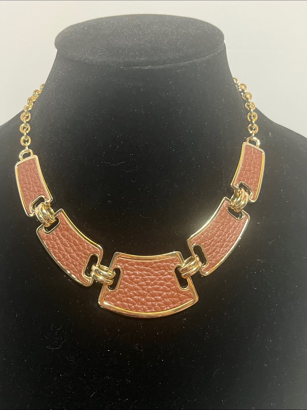 White House Black Market Gold-Tone Brown genuine leather Panel Necklace